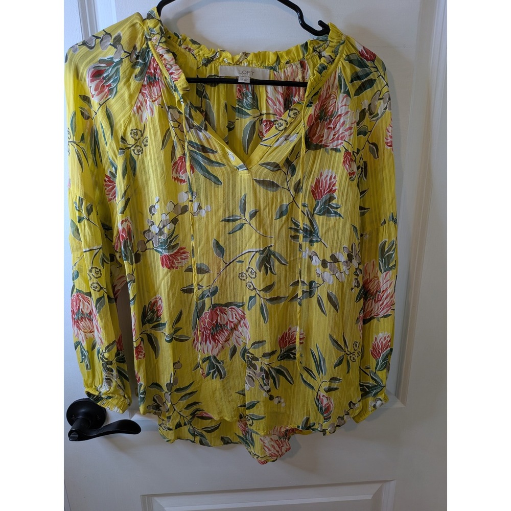 LOFT Yellow Floral Split Neck Tie Blouse Long Sleeve Ruffle Top Womens XS